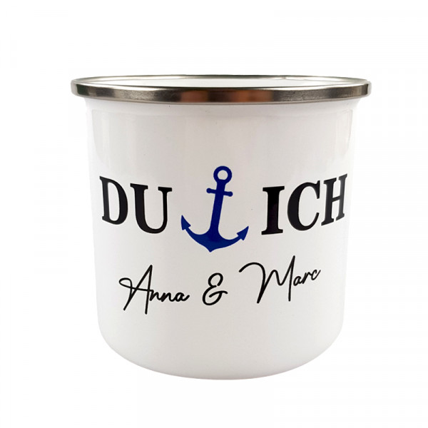"Du & Ich" Anker Emaille Tasse, blau mit Wunschname